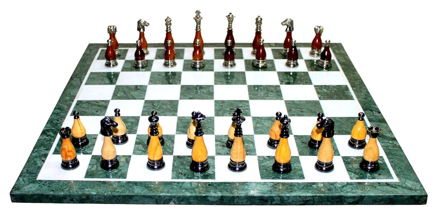 StonKraft 20" X 20" Collectible Green Marble Chess Game Board Set + Brass and Wood Crafted Pieces Chessmen Coins