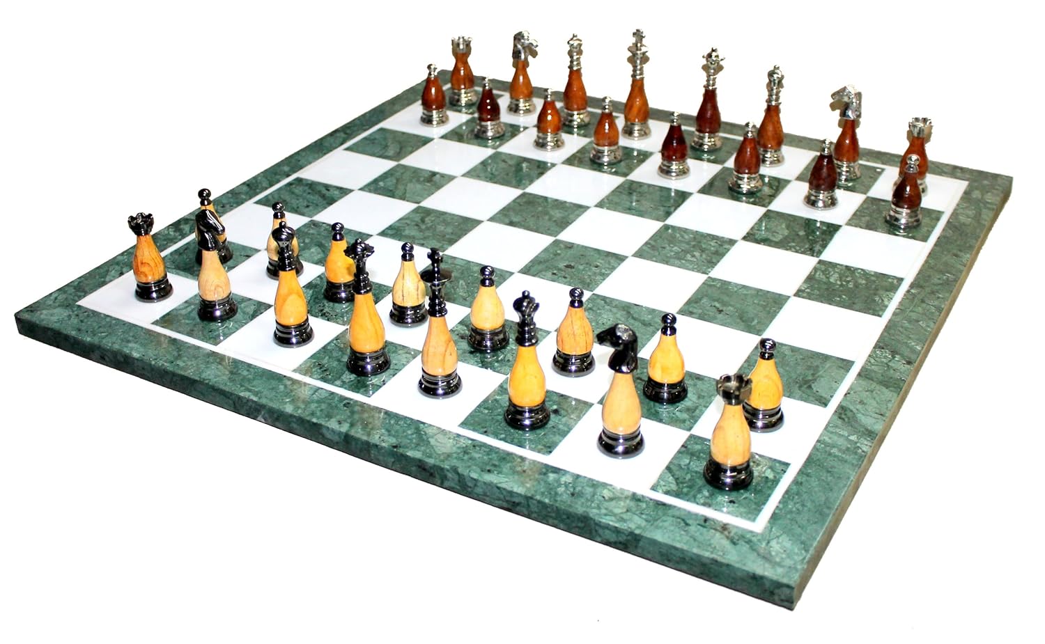 StonKraft 20" X 20" Collectible Green Marble Chess Game Board Set + Brass and Wood Crafted Pieces Chessmen Coins