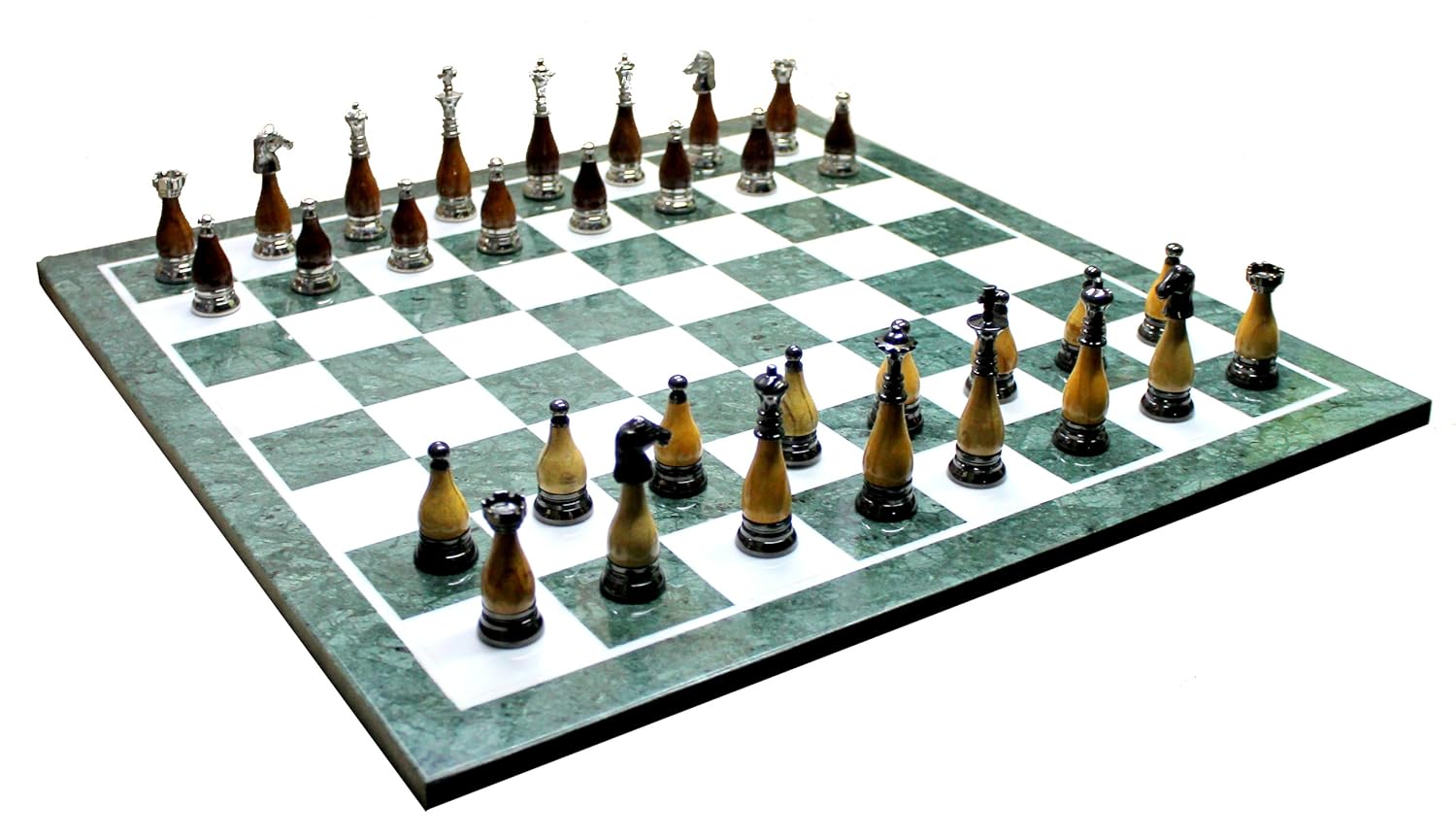 StonKraft 20" X 20" Collectible Green Marble Chess Game Board Set + Brass and Wood Crafted Pieces Chessmen Coins