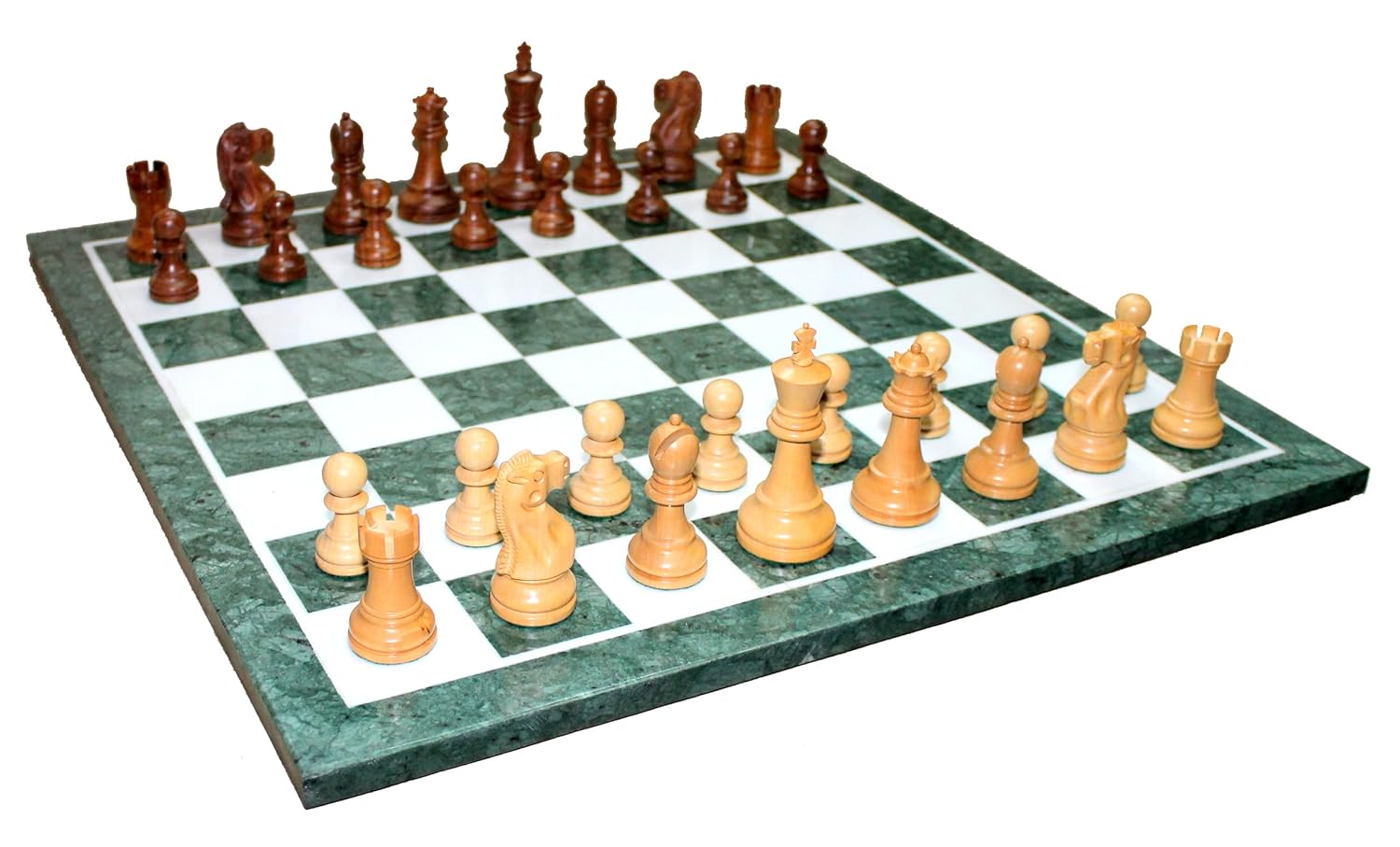 StonKraft 20" X 20" Collectible Green Marble Chess Game Board Set Wood Crafted Pieces Chessmen Coins