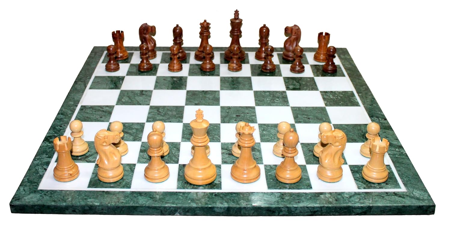 StonKraft 20" X 20" Collectible Green Marble Chess Game Board Set Wood Crafted Pieces Chessmen Coins
