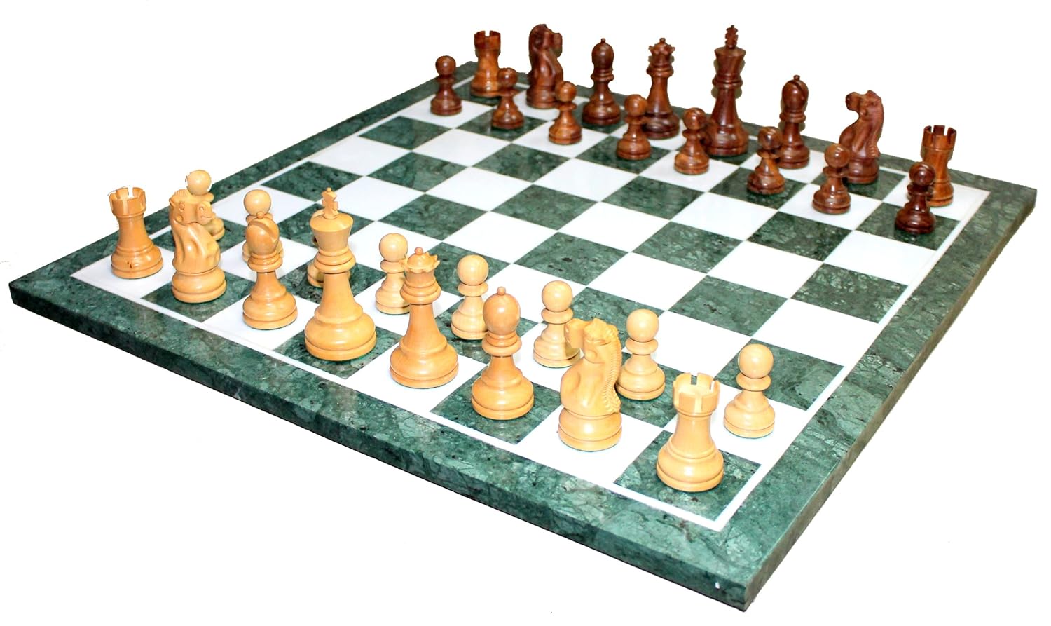 StonKraft 20" X 20" Collectible Green Marble Chess Game Board Set Wood Crafted Pieces Chessmen Coins
