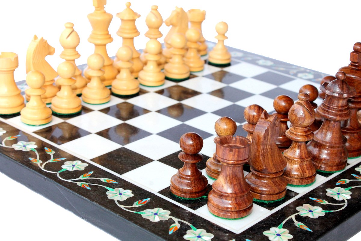 StonKraft 12"x12" Collectible Marble Pietra Dura Chess Board Game Set + Wood Carved Piece,for all ages