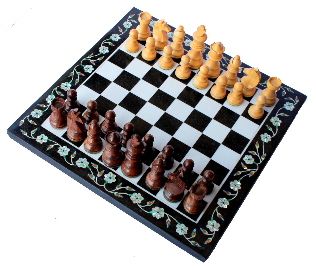 StonKraft 12"x12" Collectible Marble Pietra Dura Chess Board Game Set + Wood Carved Piece,for all ages