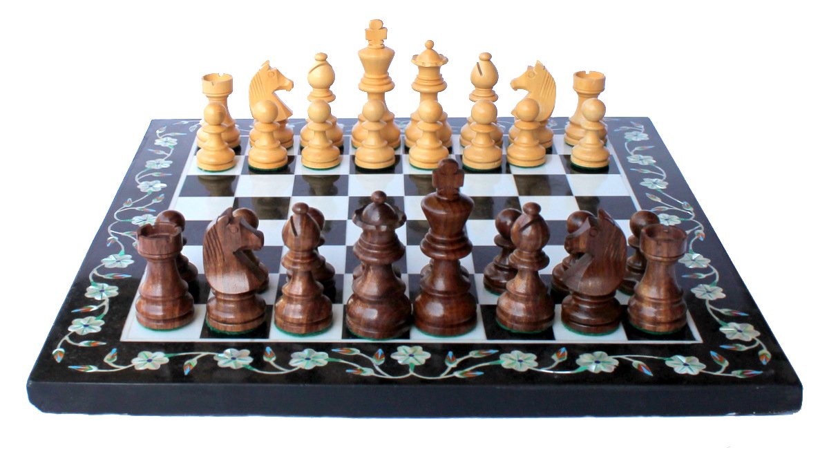 StonKraft 12"x12" Collectible Marble Pietra Dura Chess Board Game Set + Wood Carved Piece,for all ages