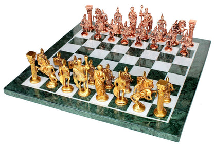 StonKraft 15" x 15" Collectible Green Marble Chess Board Game Set + Brass Roman Pieces,for Kids & Adults
