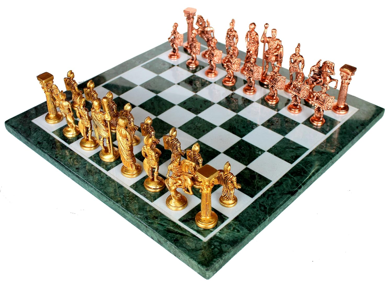 StonKraft 15" x 15" Collectible Green Marble Chess Board Game Set + Brass Roman Pieces,for Kids & Adults