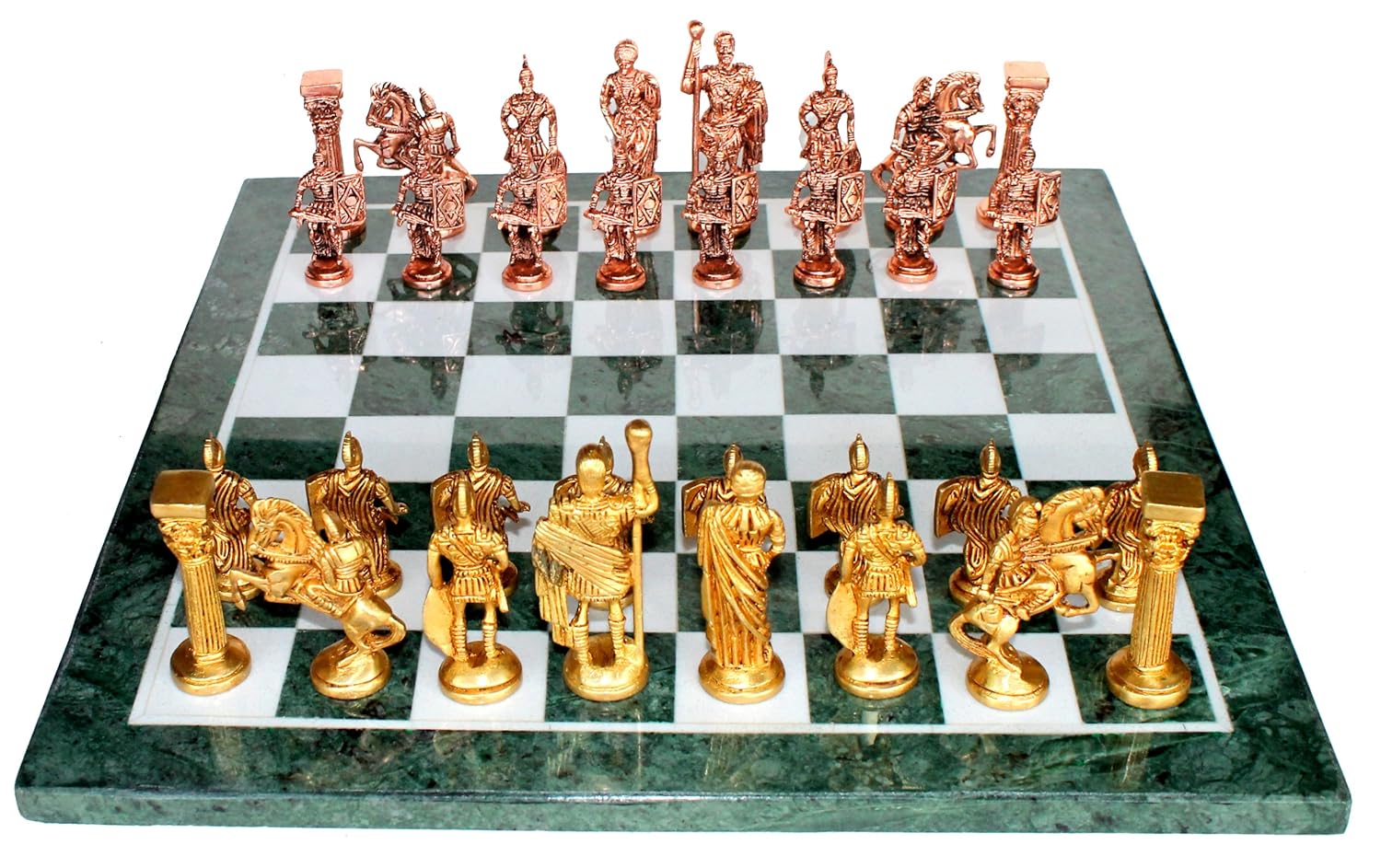 StonKraft 15" x 15" Collectible Green Marble Chess Board Game Set + Brass Roman Pieces,for Kids & Adults