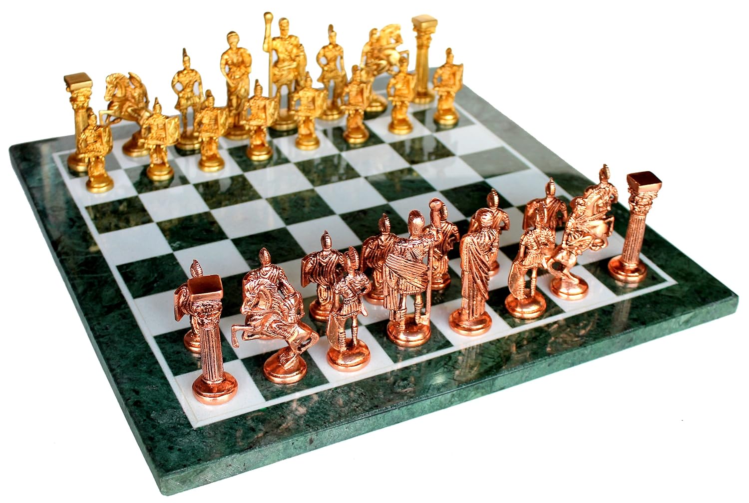 StonKraft 15" x 15" Collectible Green Marble Chess Board Game Set + Brass Roman Pieces,for Kids & Adults