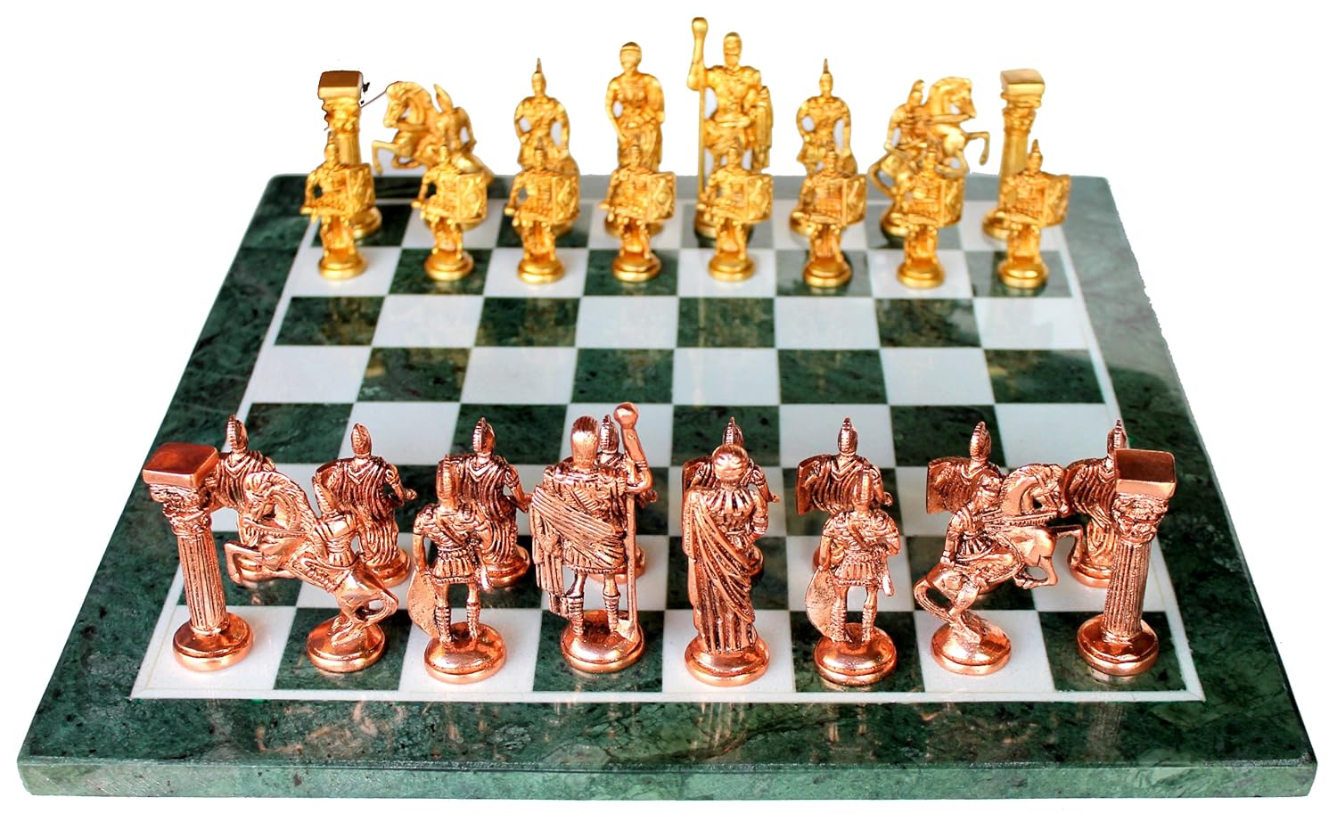 StonKraft 15" x 15" Collectible Green Marble Chess Board Game Set + Brass Roman Pieces,for Kids & Adults