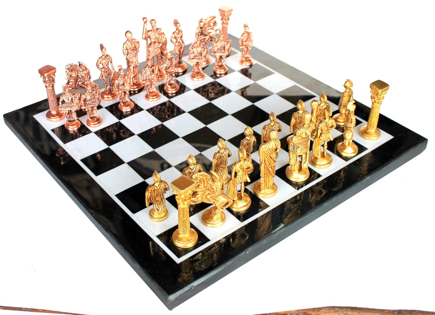 StonKraft 15" x 15" Collectible Black Marble Chess Board Game Set + Brass Roman Pieces