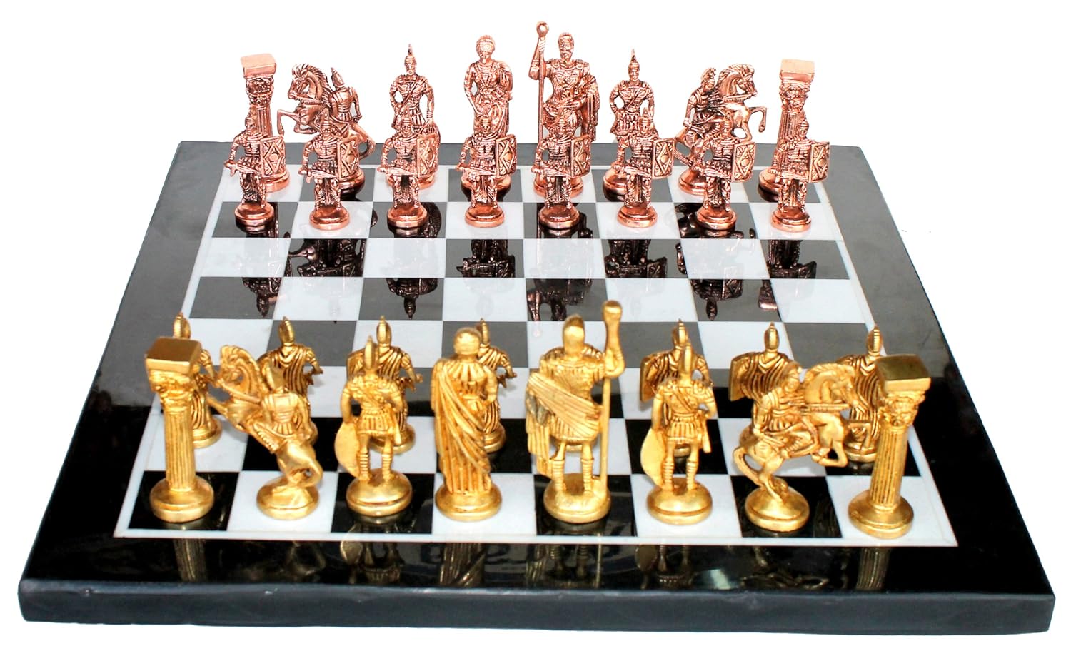 StonKraft 15" x 15" Collectible Black Marble Chess Board Game Set + Brass Roman Pieces