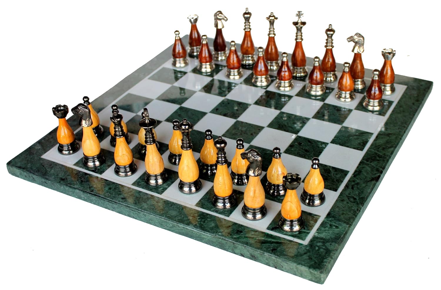 StonKraft 15" x 15" Collectible Green Marble Chess Board Game Set + Brass Wooden Pieces