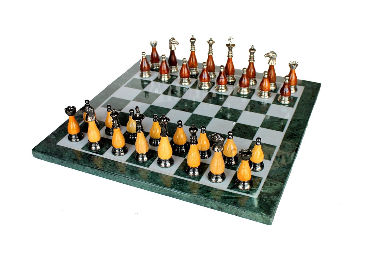 StonKraft 15" x 15" Collectible Green Marble Chess Board Game Set + Brass Wooden Pieces