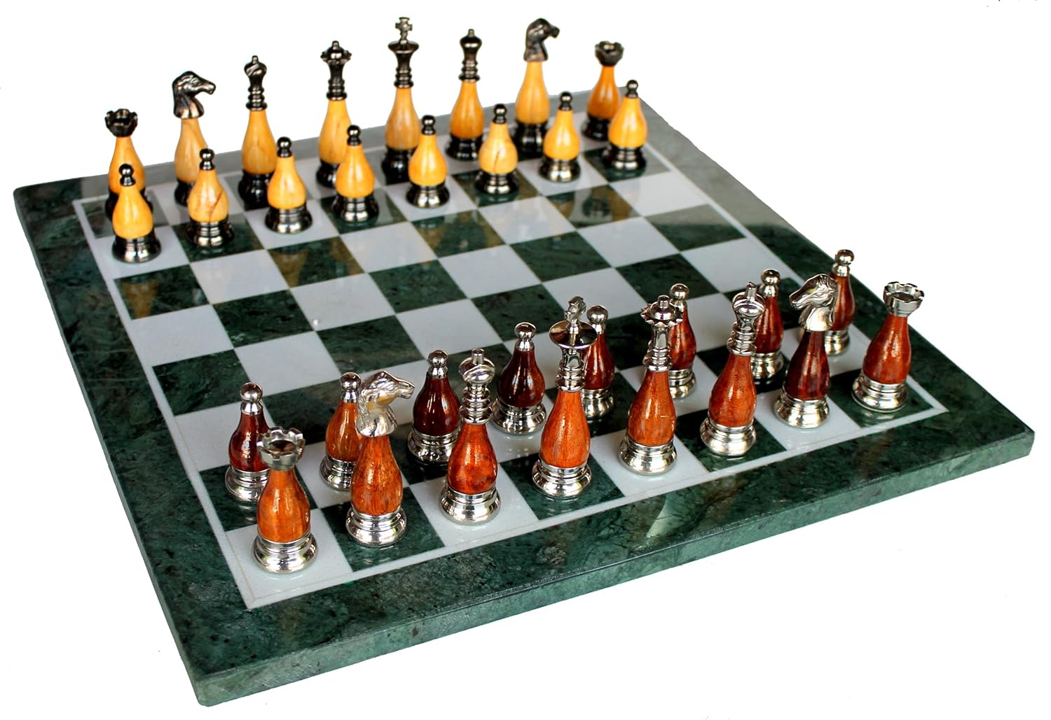 StonKraft 15" x 15" Collectible Green Marble Chess Board Game Set + Brass Wooden Pieces