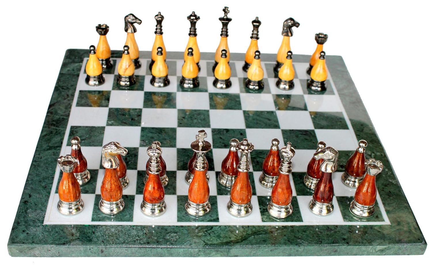 StonKraft 15" x 15" Collectible Green Marble Chess Board Game Set + Brass Wooden Pieces