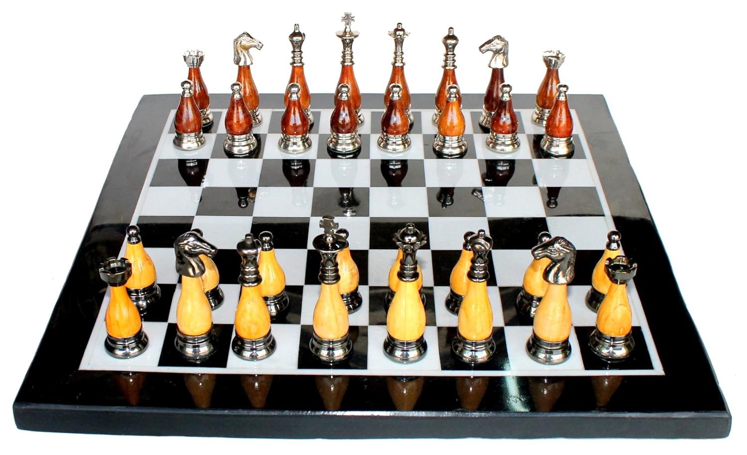 StonKraft 15" x 15" Collectible Black Marble Chess Board Game Set + Brass Wooden Pieces