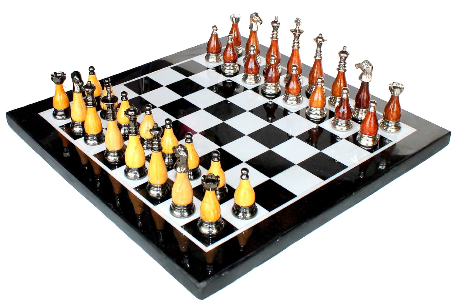 StonKraft 15" x 15" Collectible Black Marble Chess Board Game Set + Brass Wooden Pieces