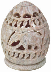Soapstone Candle / Tealight / Votive Holder Sculpture with Elephant Figures and Tendrils Carved on the Side and a Rosette on the Top [Small - Appx. 3 X 2.5 Inches ]