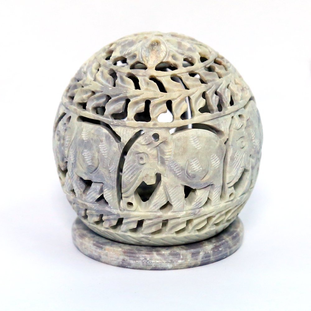 Jamun 4 Inch Assorted Soapstone Sculpture Votive / Candle / Tealight Holder - Floral / Elephant Decorative Tea Light