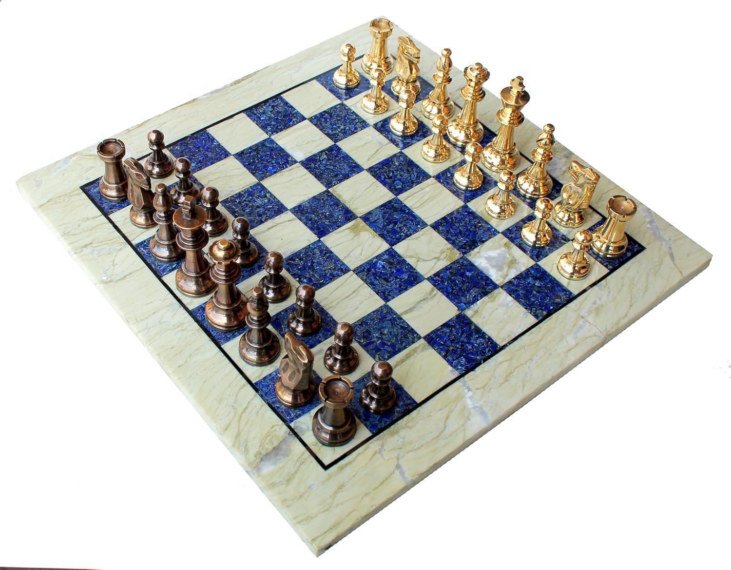 StonKraft 15" X 15" Collectible Chess Game Board Set Made with Australian Marble, Lapiz Lazuli + Brass Pieces