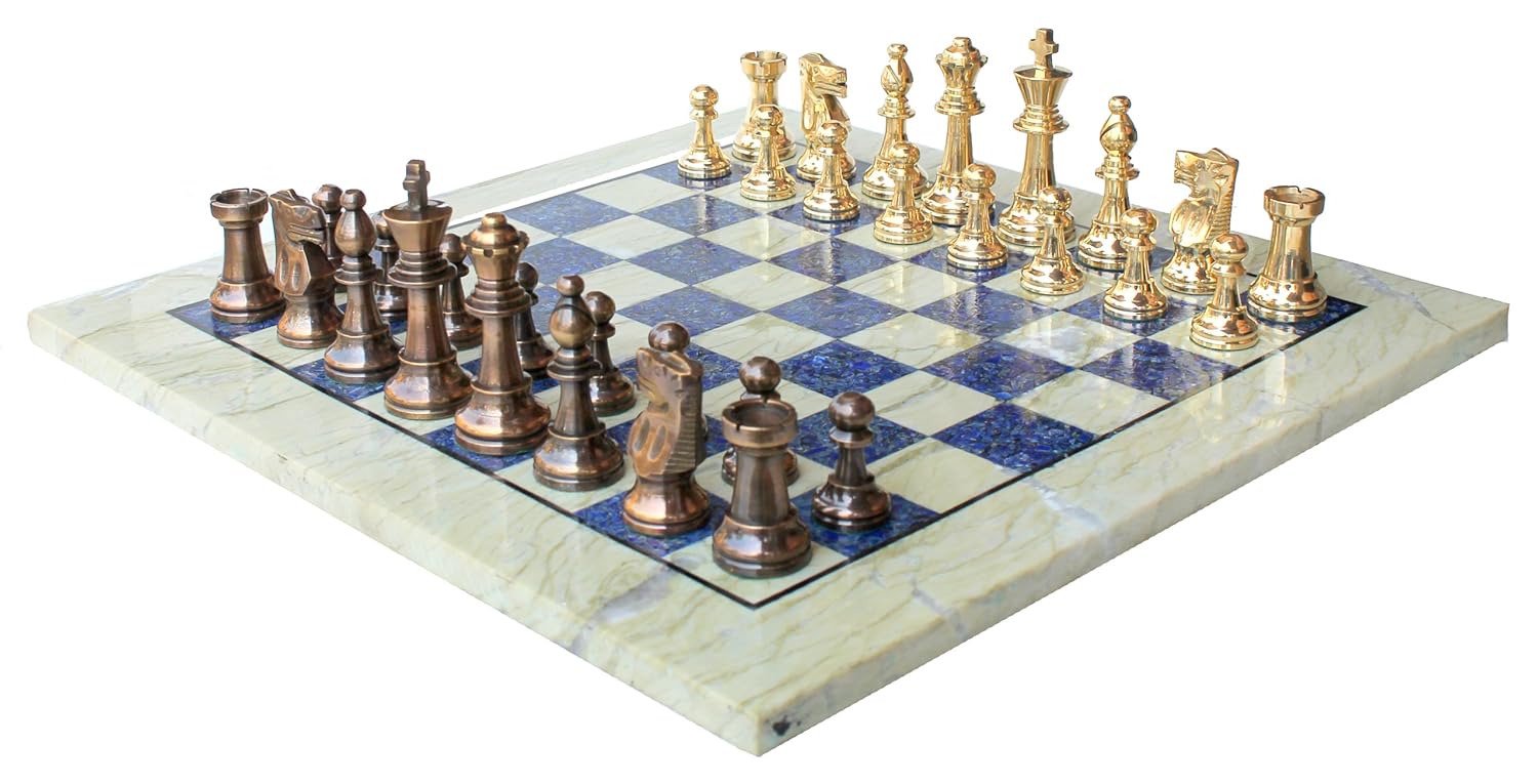 StonKraft 15" X 15" Collectible Chess Game Board Set Made with Australian Marble, Lapiz Lazuli + Brass Pieces