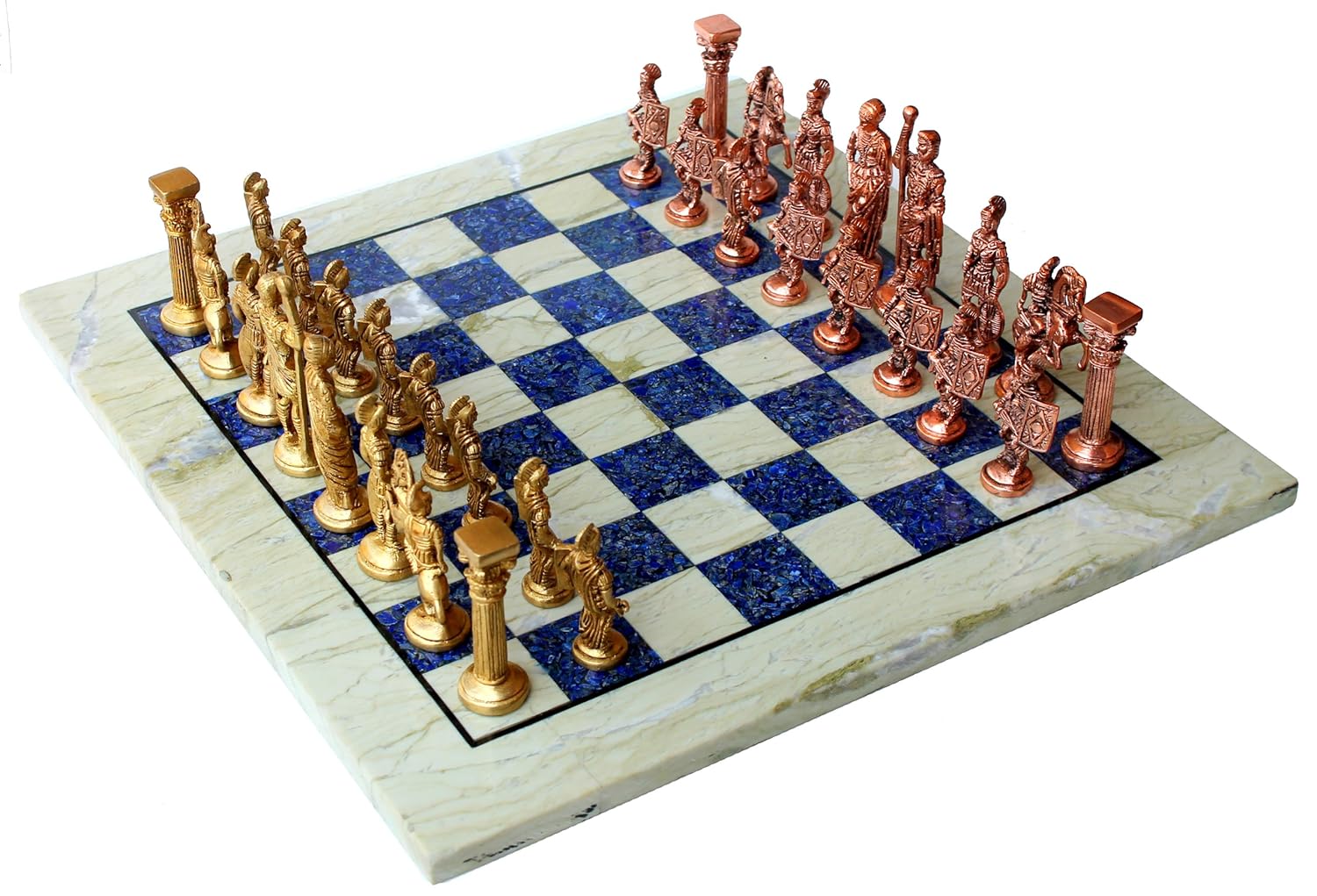 StonKraft Chess Game Board Set Made with Australian Marble, Lapis Lazuli + Roman Brass Pieces (15" X 15" inches)