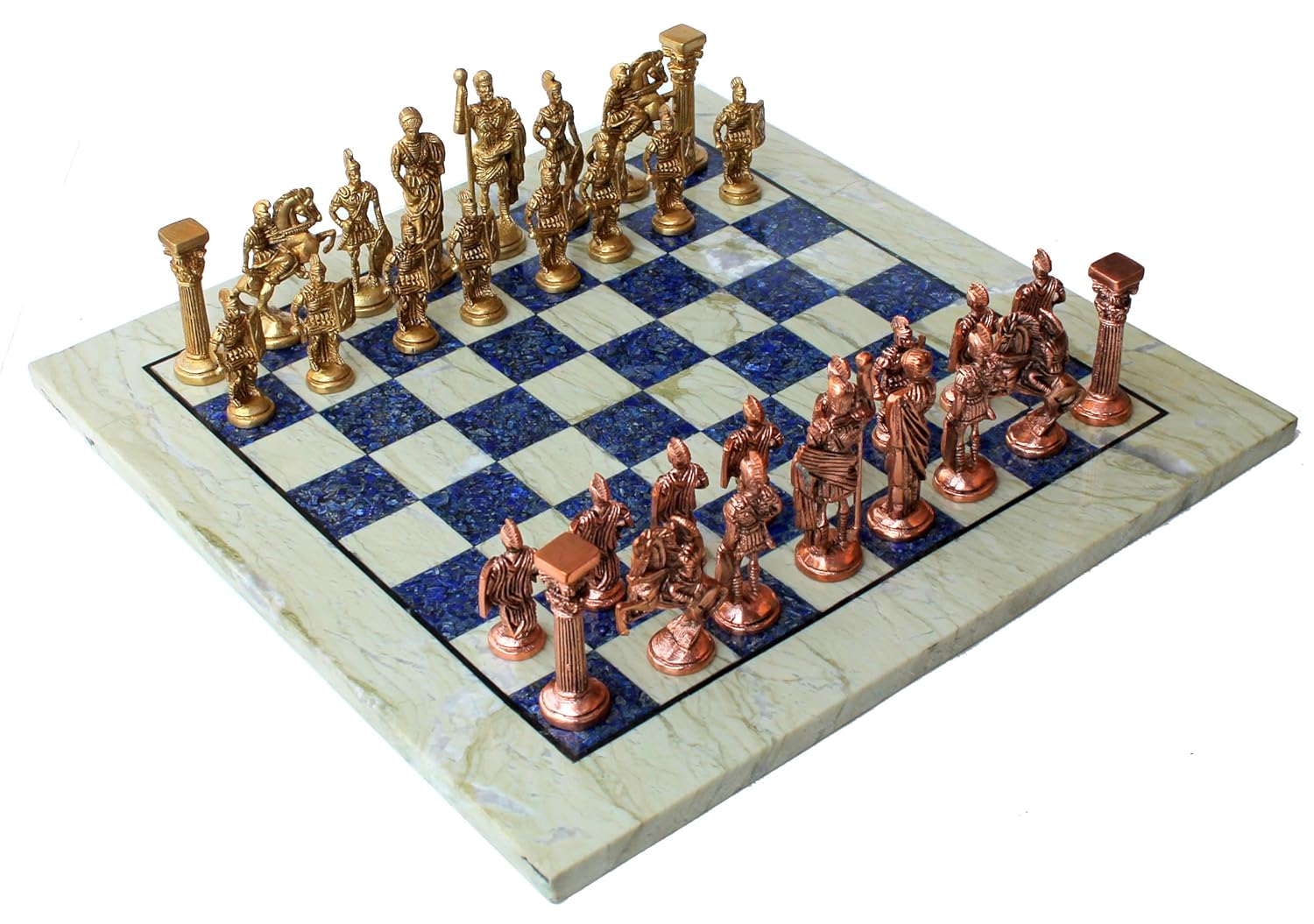 StonKraft Chess Game Board Set Made with Australian Marble, Lapis Lazuli + Roman Brass Pieces (15" X 15" inches)