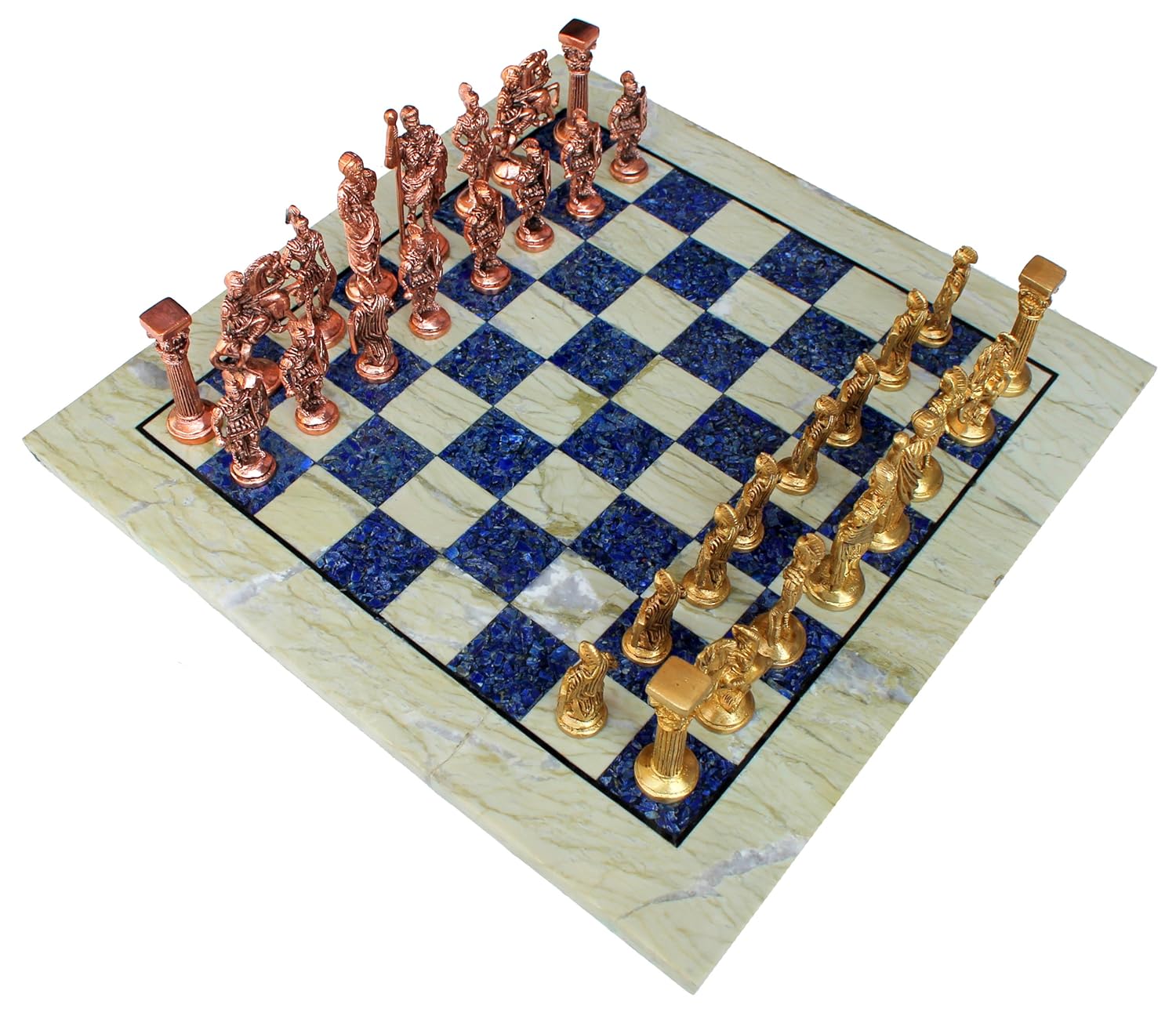 StonKraft Chess Game Board Set Made with Australian Marble, Lapis Lazuli + Roman Brass Pieces (15" X 15" inches)