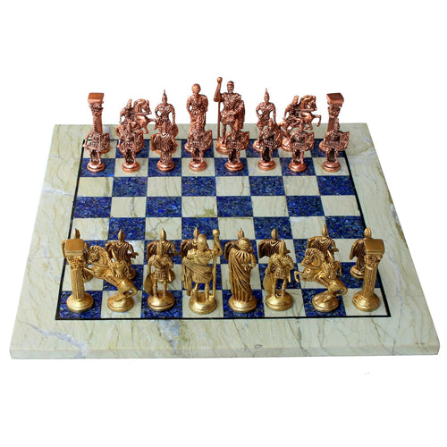 StonKraft Chess Game Board Set Made with Australian Marble, Lapis Lazuli + Roman Brass Pieces (15