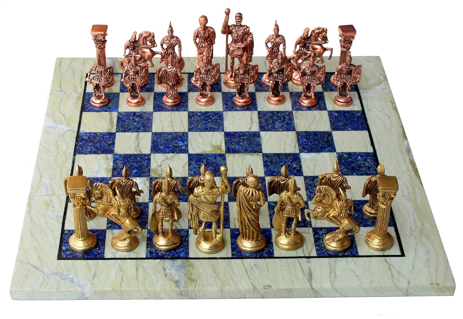 StonKraft Chess Game Board Set Made with Australian Marble, Lapis Lazuli + Roman Brass Pieces (15" X 15" inches)