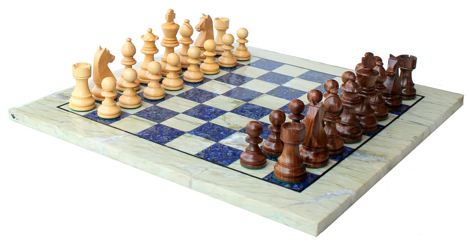 StonKraft 15" X 15" Collectible Chess Game Board Set Made with Australian Marble, Lapis Lazuli + Wood Pieces
