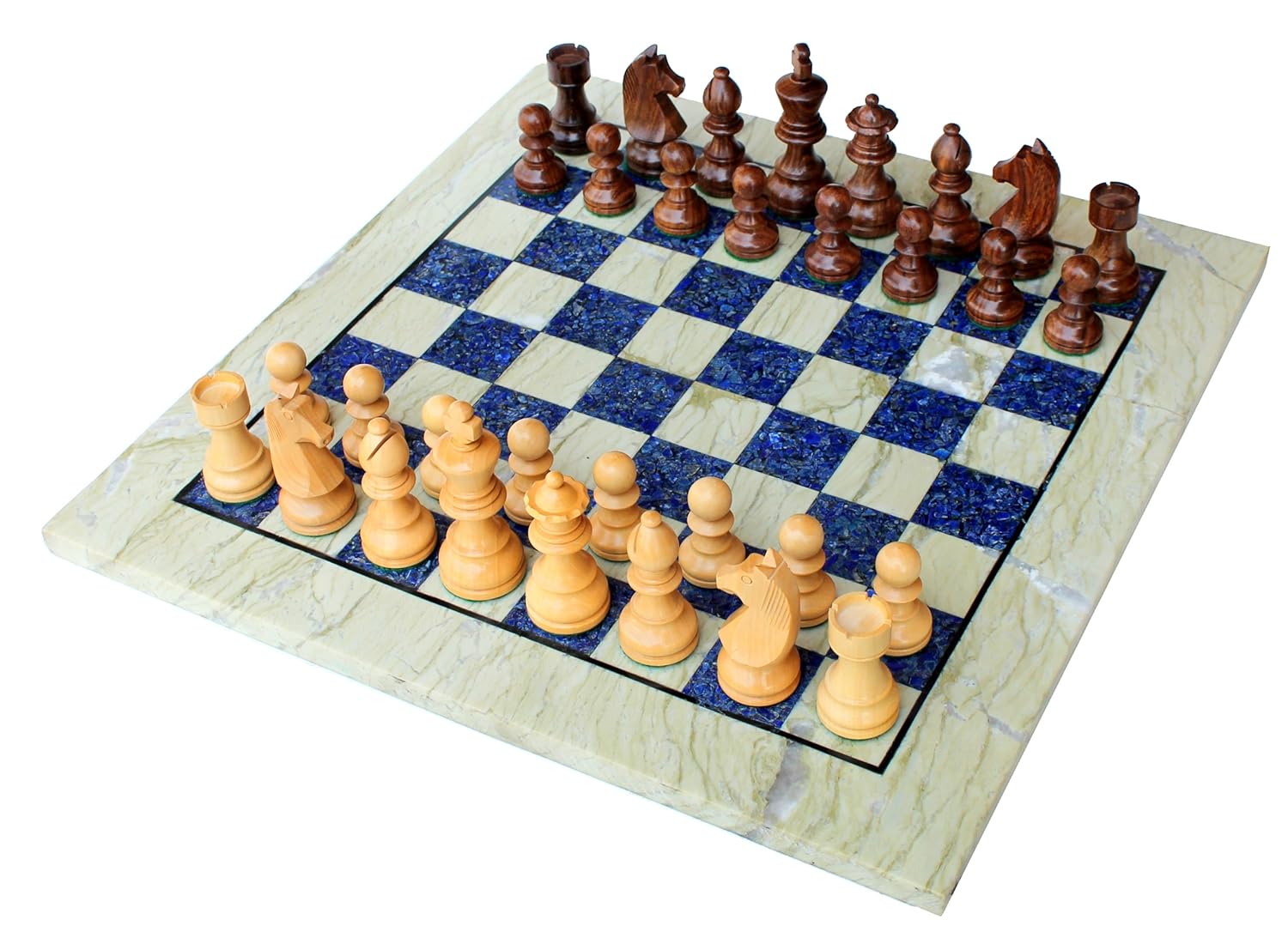 StonKraft 15" X 15" Collectible Chess Game Board Set Made with Australian Marble, Lapis Lazuli + Wood Pieces