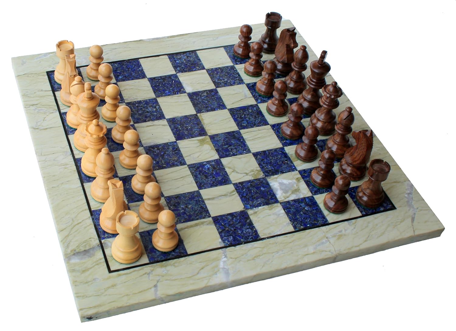 StonKraft 15" X 15" Collectible Chess Game Board Set Made with Australian Marble, Lapis Lazuli + Wood Pieces