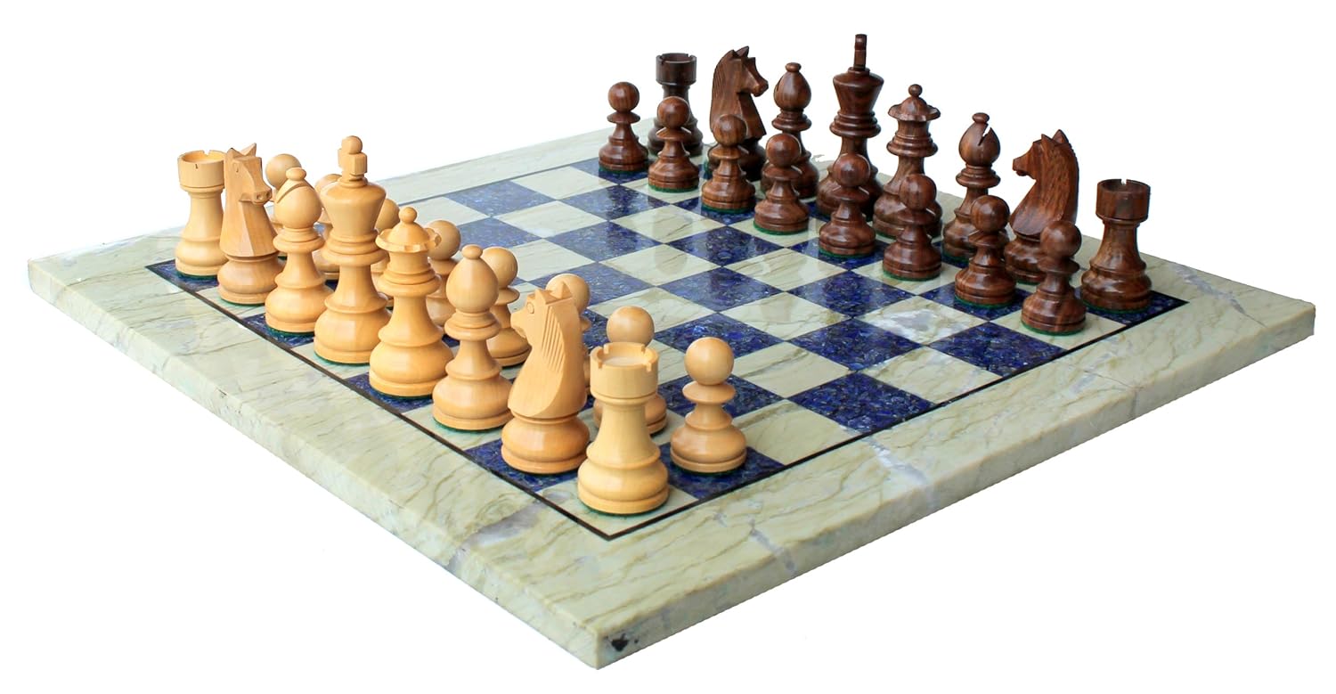 StonKraft 15" X 15" Collectible Chess Game Board Set Made with Australian Marble, Lapis Lazuli + Wood Pieces