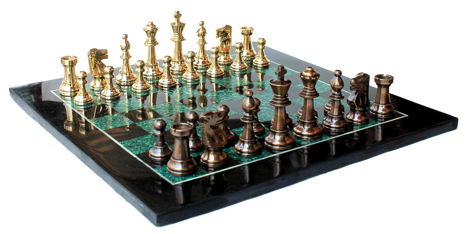 StonKraft 15" X 15" Collectible Chess Game Board Set Made with Black Marble, Malachite with Brass Pieces,for Kids & Adults