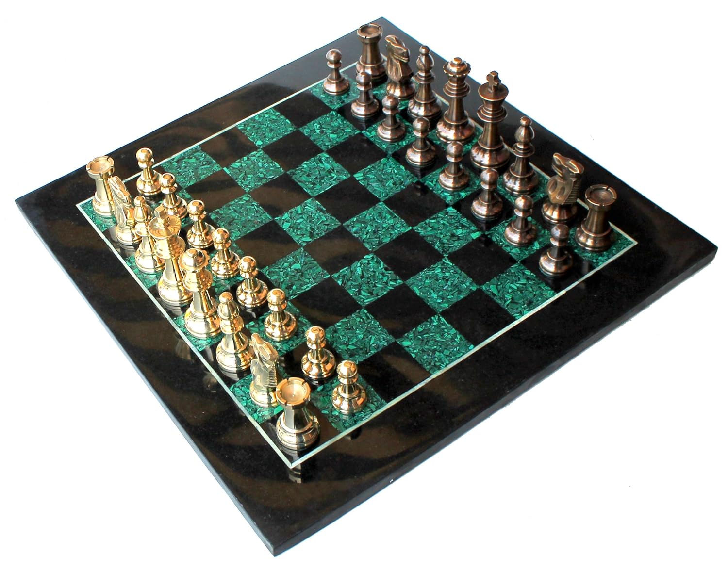 StonKraft 15" X 15" Collectible Chess Game Board Set Made with Black Marble, Malachite with Brass Pieces,for Kids & Adults