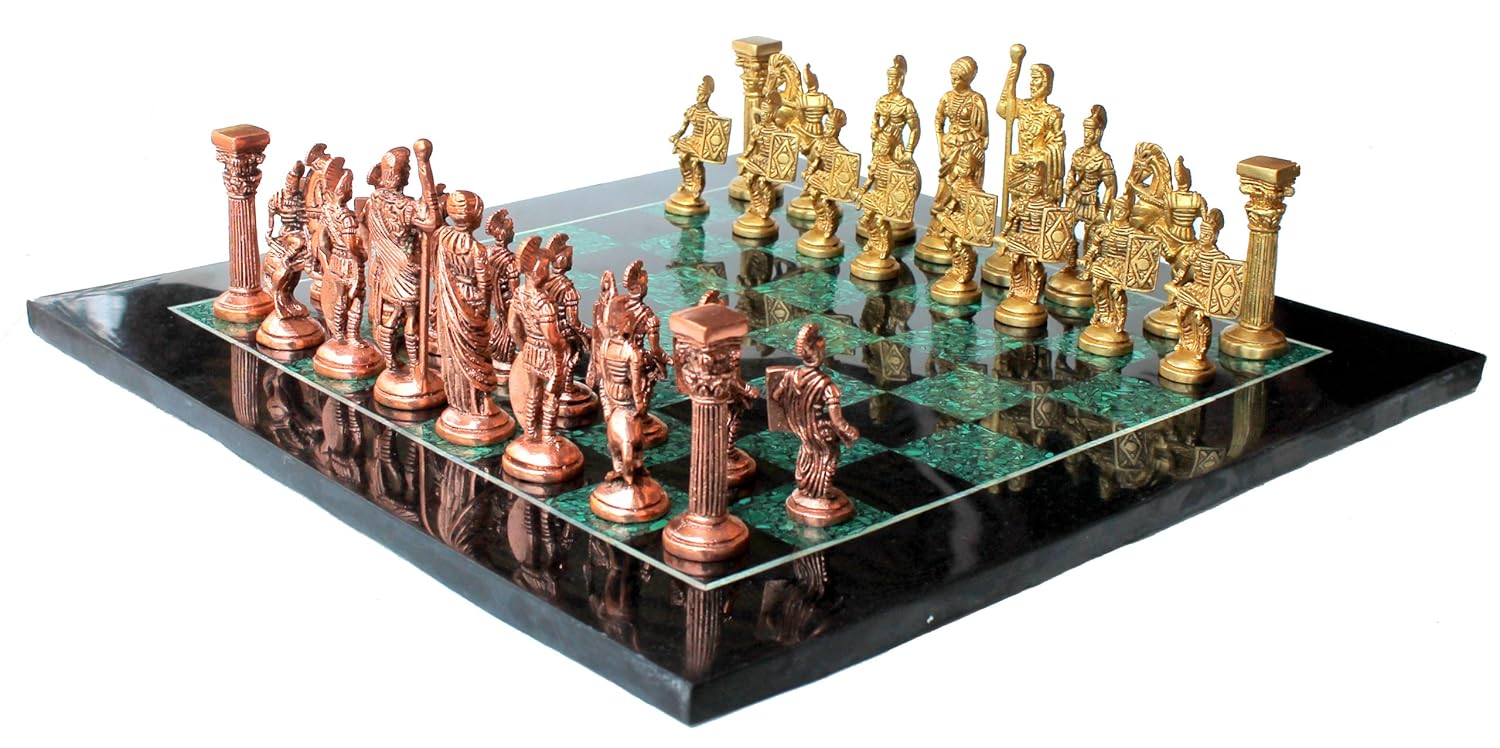 StonKraft Collectible Chess Game Board Set Made with Black Marble, Malachite with Roman Brass Pieces (15" X 15"),for 12+ Years