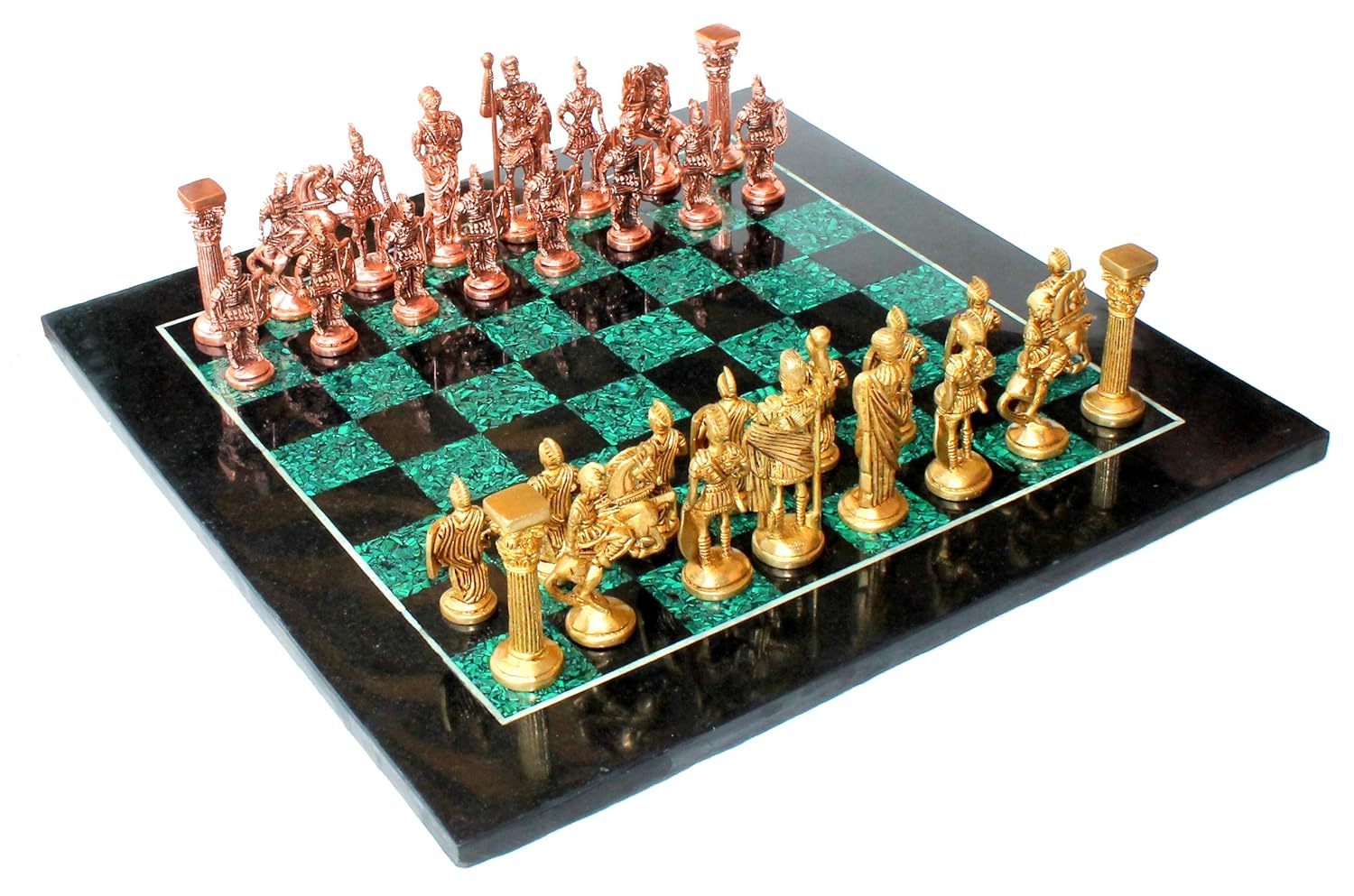 StonKraft Collectible Chess Game Board Set Made with Black Marble, Malachite with Roman Brass Pieces (15" X 15"),for 12+ Years