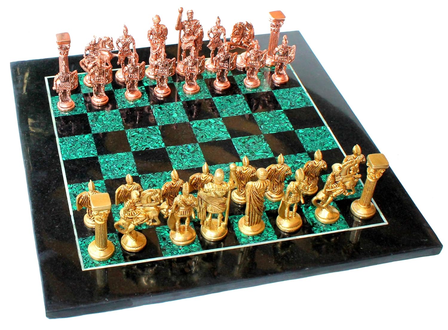 StonKraft Collectible Chess Game Board Set Made with Black Marble, Malachite with Roman Brass Pieces (15" X 15"),for 12+ Years