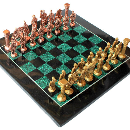 StonKraft Collectible Chess Game Board Set Made with Black Marble, Malachite with Roman Brass Pieces (15