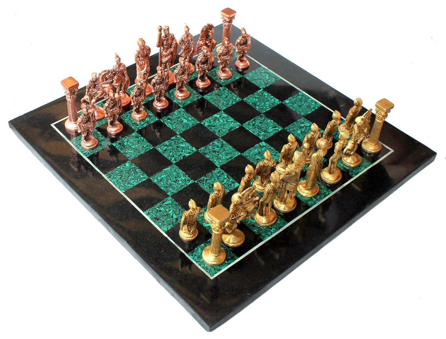 StonKraft Collectible Chess Game Board Set Made with Black Marble, Malachite with Roman Brass Pieces (15" X 15"),for 12+ Years