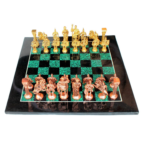 StonKraft Collectible Chess Game Board Set Made with Black Marble, Malachite with Roman Brass Pieces (15