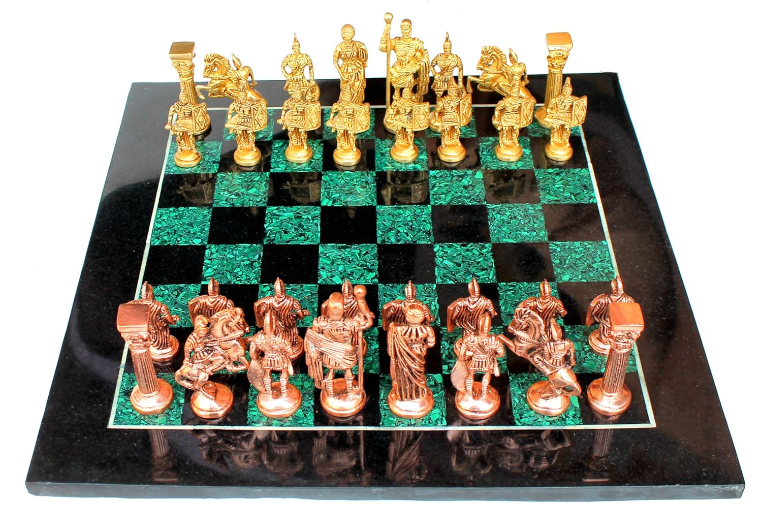 StonKraft Collectible Chess Game Board Set Made with Black Marble, Malachite with Roman Brass Pieces (15" X 15"),for 12+ Years
