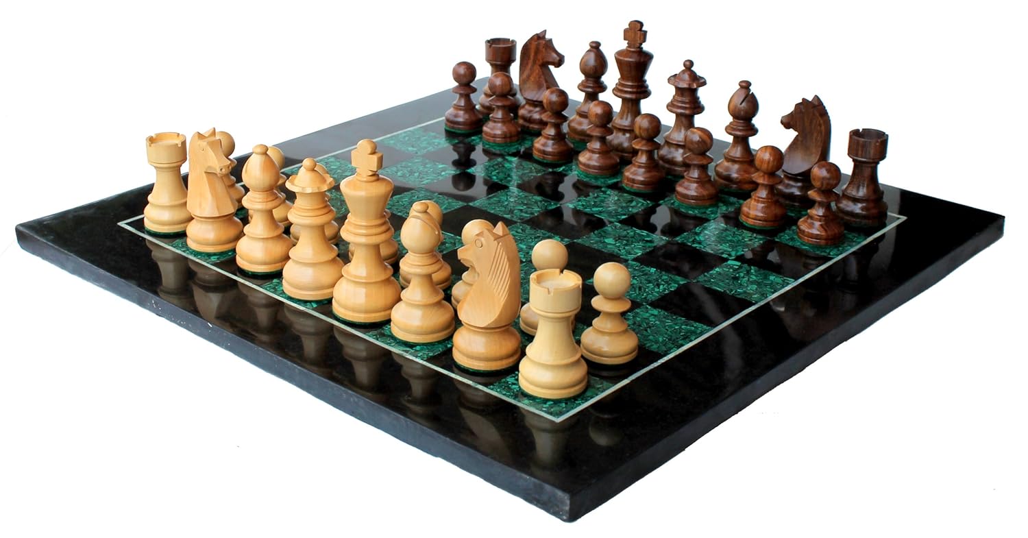 StonKraft Chess Game Board Set Made with Black Marble, Malachite with Wood Pieces (15" X 15"inches)