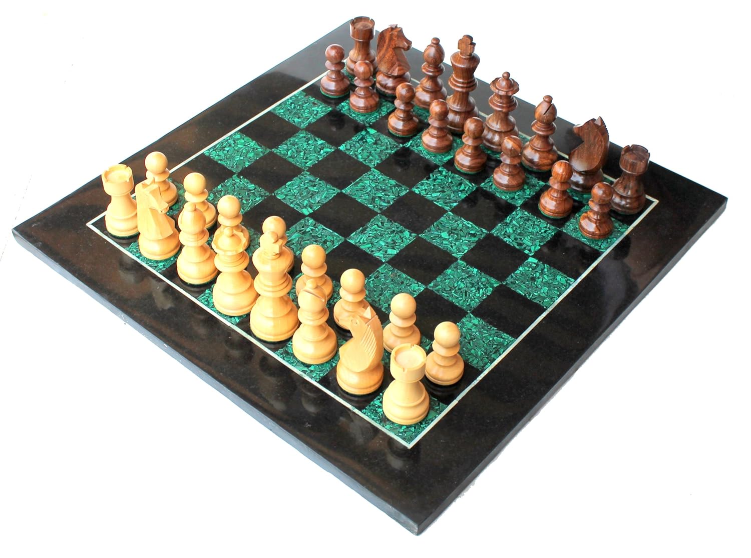 StonKraft Chess Game Board Set Made with Black Marble, Malachite with Wood Pieces (15" X 15"inches)