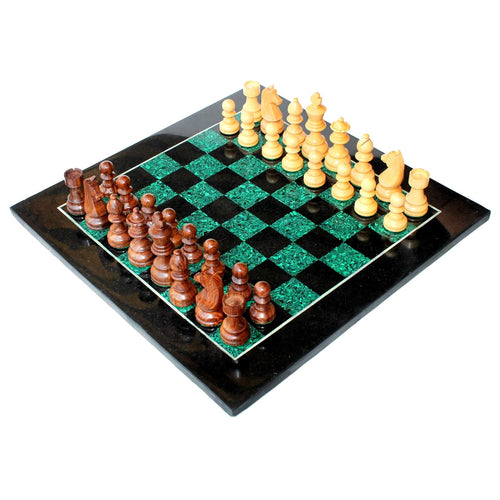 StonKraft Chess Game Board Set Made with Black Marble, Malachite with Wood Pieces (15