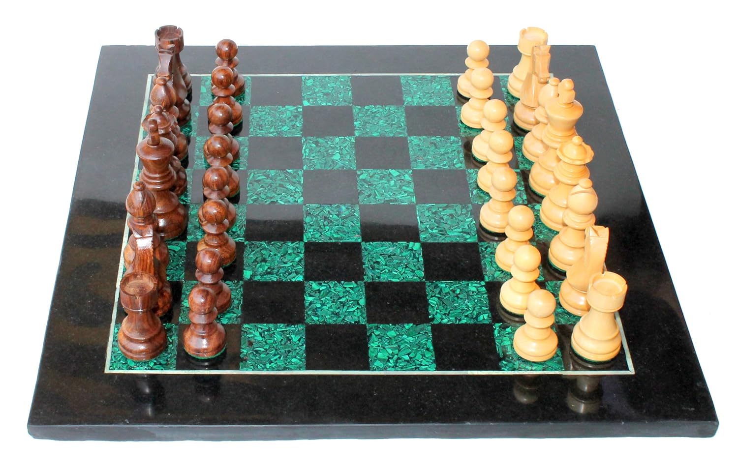 StonKraft Chess Game Board Set Made with Black Marble, Malachite with Wood Pieces (15" X 15"inches)