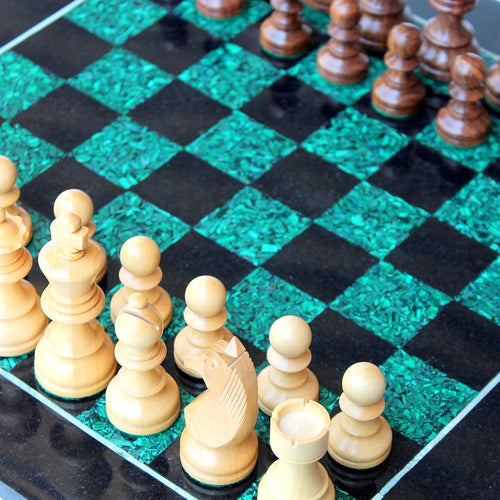 StonKraft Chess Game Board Set Made with Black Marble, Malachite with Wood Pieces (15