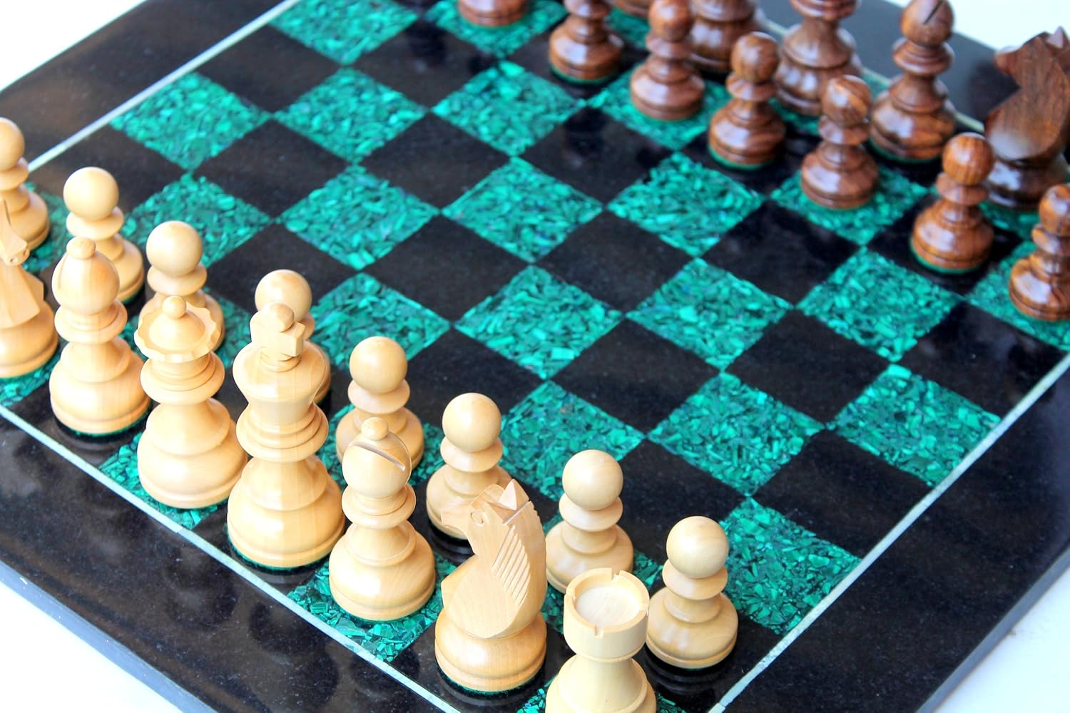 StonKraft Chess Game Board Set Made with Black Marble, Malachite with Wood Pieces (15" X 15"inches)